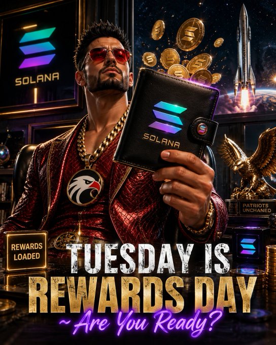 A stylized promotional graphic featuring a sharply dressed man holding a black Solana-branded wallet, surrounded by floating gold coins, an eagle statue, and a rocket launching into space. The bold text reads "TUESDAY IS REWARDS DAY ~ Are You Ready?" alongside the Solana logo and a "REWARDS LOADED" badge, directly tying into the #PatriotsUnchained Saturday Challenge.