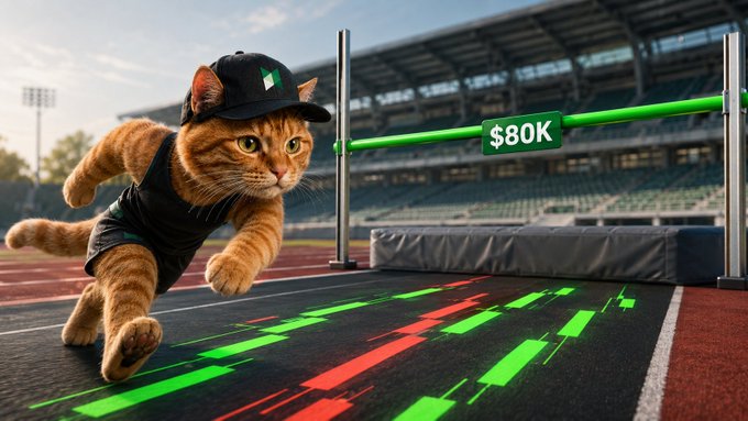 An orange tabby cat wearing a black cap and athletic shirt runs on a track toward a high jump bar labeled '$80K', with green and red candlestick charts overlaid on the ground.