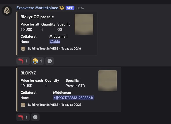Discord messages from 'Exsaverse Marketplace' showing two listings for 'Blokyz OG presale' (50 USD) and 'BLOKYZ' (40 USD), both utilizing middleman services for the transaction.