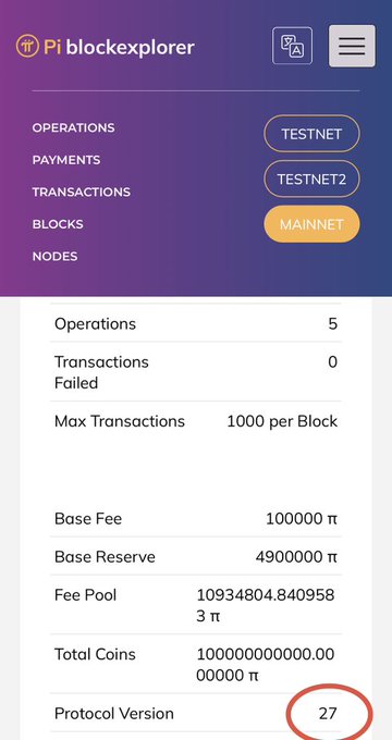 A screenshot of the Pi blockchain explorer mobile app showing the 'Mainnet' selected, displaying network statistics including 5 operations, a Base Fee of 100000 π, and Protocol Version 27 circled in red.