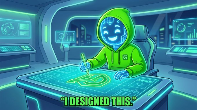 A cartoon illustration of a smiling green robot character with a digital face, wearing a green hoodie and drawing on a glowing blue futuristic table, captioned 'I DESIGNED THIS.'