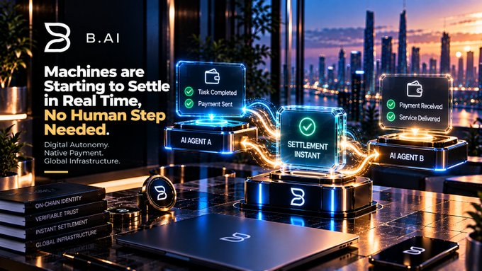A futuristic advertisement for B.AI featuring holographic AI agents conducting instant settlement transactions, with text highlighting 'Machines are Starting to Settle in Real Time, No Human Step Needed' and features like 'ON-CHAIN IDENTITY' and 'INSTANT SETTLEMENT'.