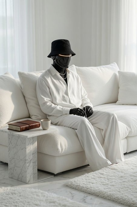 A figure dressed in white clothing, black gloves, a bucket hat, and a face covering sits on a white sofa next to a marble side table holding a book and a cup.