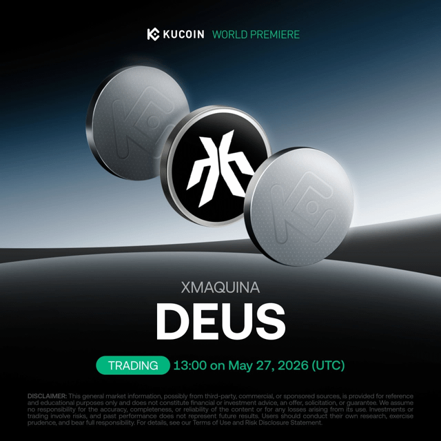 The image features a poster for a new listing called "DEUS". It shows three coins, each with a different design - one coin has a black and white logo, another coin has a black and white logo with an X shape above it, and the third coin is plain silver. The text on the poster reads "XMASUNA DEUS", which translates to "Xmasus Deus" in English. The poster also includes information about a new listing for KuCoin called "DEUS".