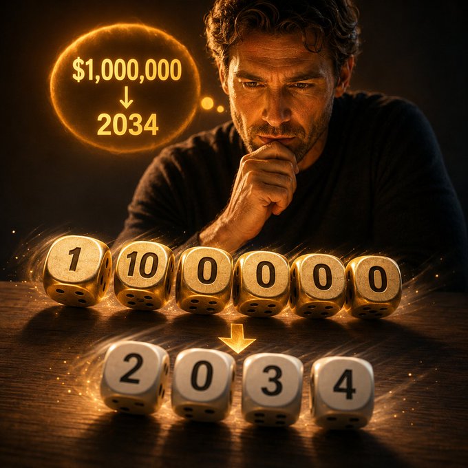 A contemplative man gazes at golden dice displaying "$1,000,000" with a thought bubble showing "↓ 2034," while white dice below show "2034," visually illustrating the post's message that Bitcoin's long-term journey to $1M by 2034 will average out short-term volatility to reveal the true signal.