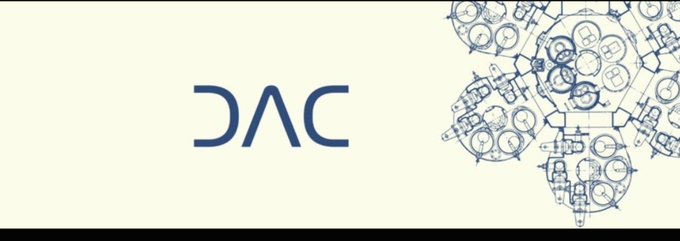 A logo for DAC featuring a mirrored 'DAC' text design alongside technical drawings of mechanical engine components.