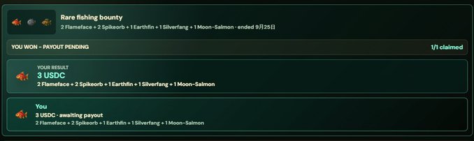 A screenshot shows a 'Rare fishing bounty' game result notification indicating 'YOU WON - PAYOUT PENDING' with rewards including 3 USDC, 2 Flameface, 2 Spikborr, 1 Earthfin, 1 Silverfang, and 1 Moon-Salmon, ended 9月25日.