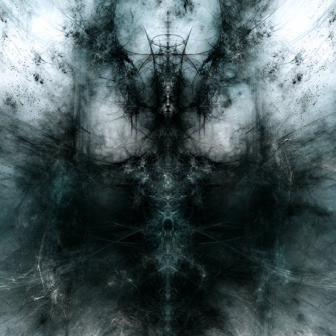 A dark, symmetrical abstract digital artwork resembling a demonic or otherworldly figure with intricate, web-like textures in black and teal.