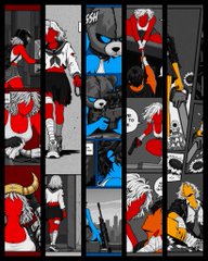A grid collage of multiple panels featuring a stylized character with red and white hair, appearing to be a comic or animation sequence.