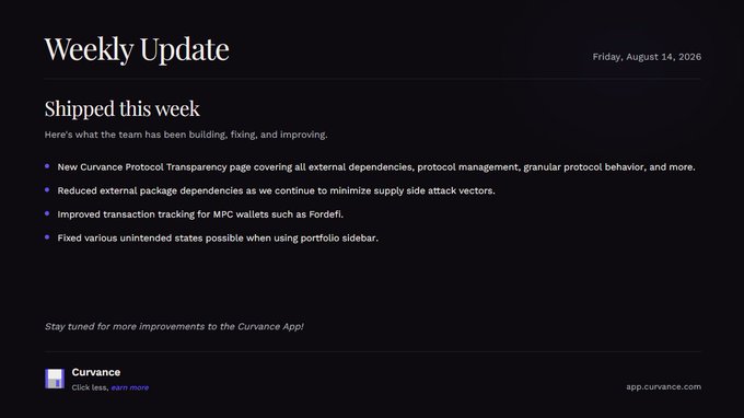 A Curvance Weekly Update from Friday, August 14, 2026, highlighting shipping achievements including a new Protocol Transparency page, reduced external package dependencies, improved MPC wallet transaction tracking (e.g., Fordell), and various portfolio sidebar fixes. The post accompanies this update by summarizing the week's focus on transparency, dependency reduction, MPC tracking improvements, and dApp cleanup.