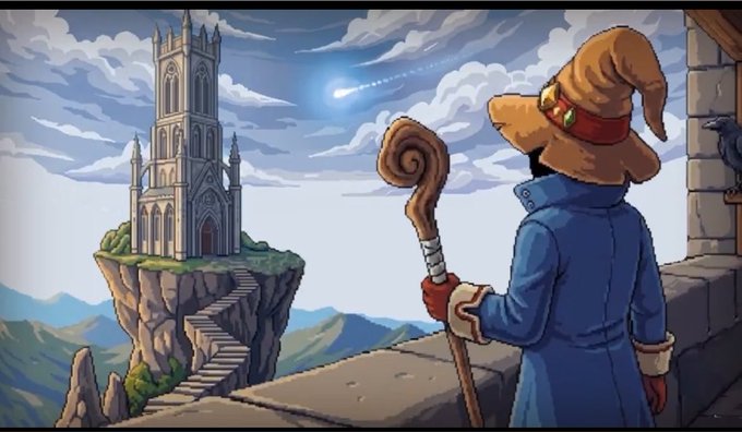 An animated illustration of a wizard in a blue coat and pointed hat, holding a wooden staff, looking out from a stone balcony toward a gothic cathedral perched on a floating cliff with a staircase leading up to it.