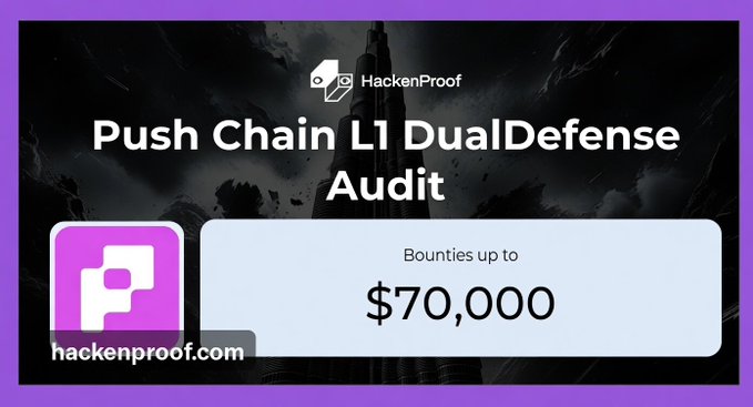 A promotional banner from HackenProof for a 'Push Chain L1 DualDefense Audit' offering bounties up to $70,000, displaying the Push (P) logo and hackenproof.com.