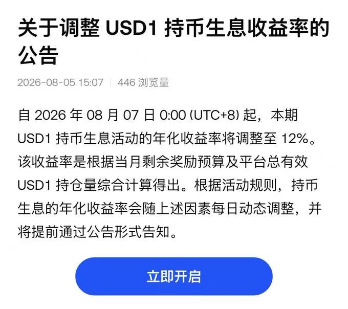 A Chinese announcement titled '关于调整 USD1 持币生息收益率的公告' dated 2026-08-05 states that the USD1 annual yield rate will adjust to 12% starting August 7, 2026, with an '立即开启' (Open Now) button.