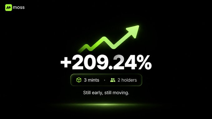 A black screen with the 'moss' logo displaying a green upward arrow, '+209.24%', '3 mints · 2 holders', and the text 'Still early, still moving.'