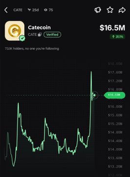 A mobile screenshot of the Catecoin ($CATE) token page shows its price at $16.5M, up 31.1% in 24 hours, with a green candlestick chart illustrating the recent rally.