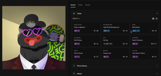 A screenshot of an NFT marketplace showing a cartoon gorilla character wearing heart-shaped sunglasses and a suit, with traits listed including Pepe Longboard (2%), Light Khaki Background (364/10k), Black Rose base (613/14k), Red Stripes clothing, Slit Eye, Hearth Glasses (49.2%), Silver Streak head, Tongue Out mouth, and Twin Hearts Tattoo tattoo, with prices shown in USD.