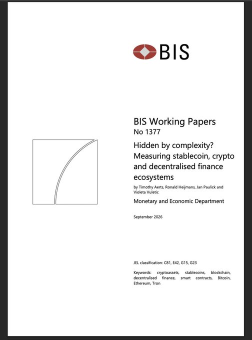 The cover of a BIS Working Paper titled 'Hidden by complexity? Measuring stablecoin, crypto and decentralised finance ecosystems' by Aerts, Heijmans, Paulick and Vuletic, dated September 2026.