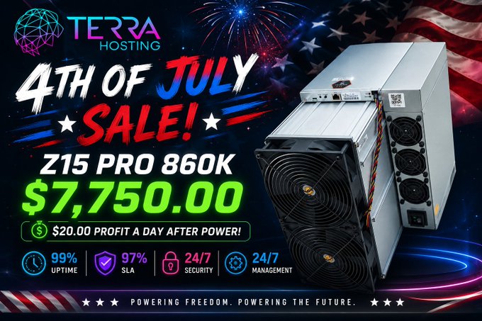 A promotional advertisement from Terra Hosting for a '4TH OF JULY SALE!' on a Z15 Pro 860K miner, priced at $7,750.00, set against an American flag and fireworks background.