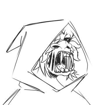 A black-and-white line drawing depicts a snarling wolf or dog head visible through a torn, jagged opening in a sheet of paper.