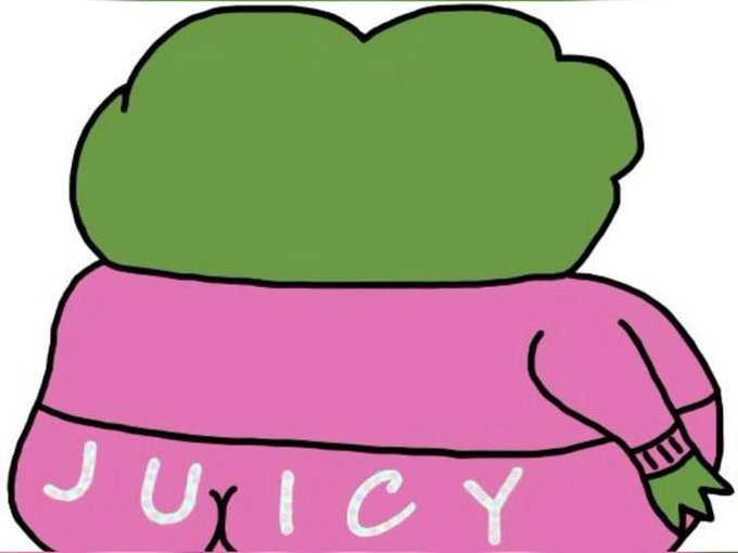A cartoon frog character from behind wearing a pink "JUICY" tracksuit, humorously representing the call to "post the frog" and return to Pepe memes for reviving the market.