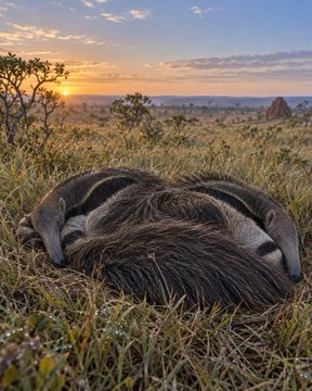 Two giant anteaters curled up together sleeping in tall grass during sunset in a savanna landscape.