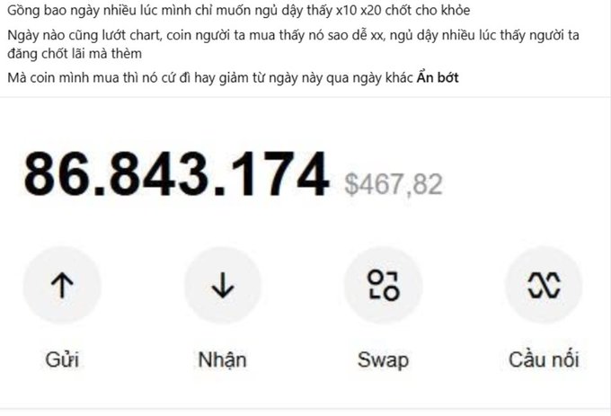A crypto wallet interface showing a balance of '86.843.174' tokens worth '$467,82' with Vietnamese buttons for Send, Receive, Swap, and Bridge.