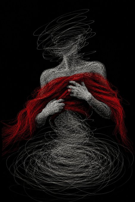 An abstract wireframe artwork of a humanoid figure composed of chaotic white and gray lines, holding vibrant red strands against a black background.