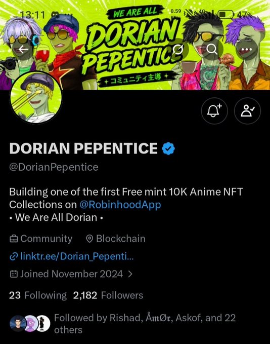 A Twitter/X profile for "DORIAN PEPENTICE" (@DorianPepentice) with anime-style artwork, describing themselves as "Building one of the first Free mint 10K Anime NFT Collections on @RobinhoodApp" with 2,182 followers.