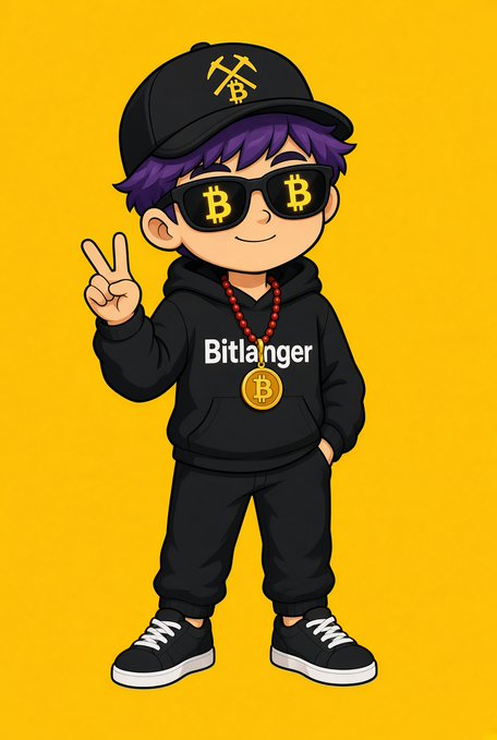 A chibi-style cartoon character with purple hair strikes a peace sign, wearing a black hoodie that reads "Bitlanger," Bitcoin-logo sunglasses, and a Bitcoin medallion — visually reinforcing the post's upbeat "Good morning, have a nice day" greeting with a fun crypto-themed vibe.