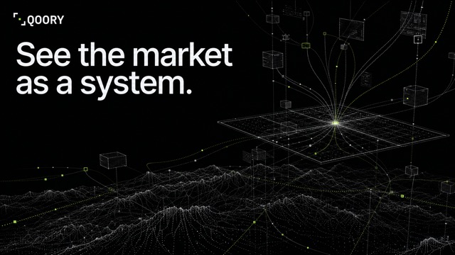 A black promotional banner for QOORY displays the headline 'See the market as a system.' alongside a digital wireframe landscape with floating 3D cubes and a glowing grid.