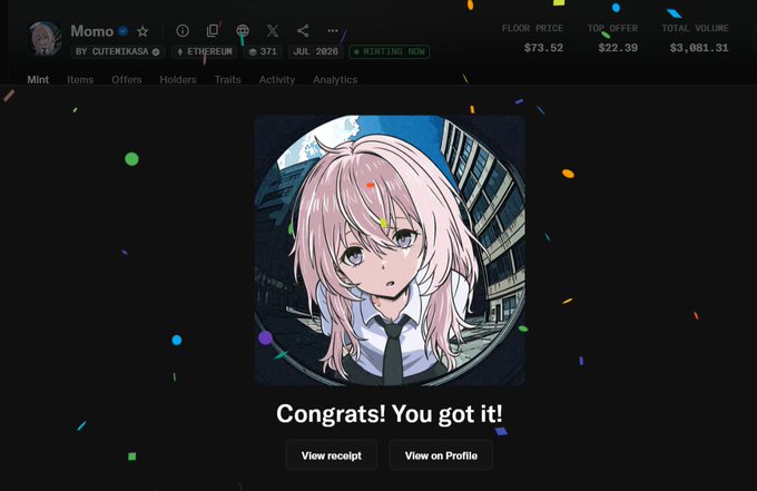 An NFT minting success page for 'Momo' by OUTERIKASAI on Ethereum, showing a 3.4K ETH floor price and a congratulations message 'You got it!'.