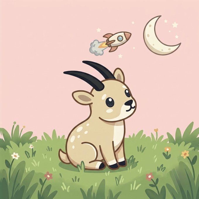 A cute cartoon goat with large black horns sits in a grassy meadow under a pink sky featuring a crescent moon, stars, and a small rocket ship flying overhead. The whimsical illustration reflects the playful branding of $SAOLA, a new Solana project launching on Pump.fun with a clear and charming visual identity.