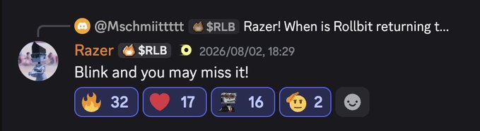 Discord message from Razer with a Razer 🚀 $RLB profile picture, replying to @Mschmiitttt, stating 'Blink and you may miss it!' with 32 fire reactions, 17 heart reactions, 16 rocket reactions, and 2 thinking face reactions.