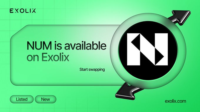 The image features a green background with white text, including the words "NUM" and "EXOLIX", as well as an arrow pointing towards the center of the image. The text also includes information about the Exolix platform for exchanging tokens, which is related to the Numer token that is now available on this platform.