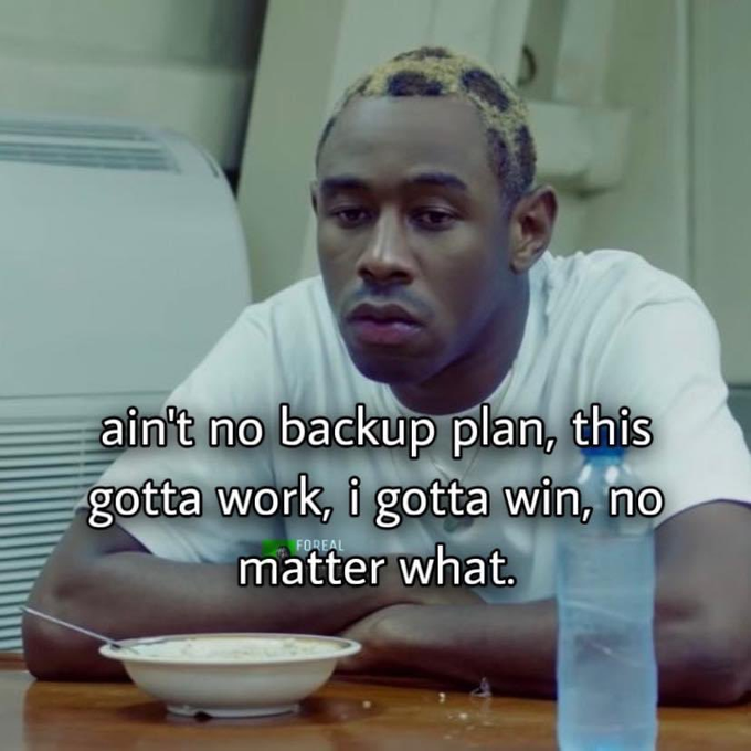 A serious man with leopard-print dyed hair sits at a table with a bowl and water bottle, captioned "ain't no backup plan, this gotta work, i gotta win, no matter what."—conveying a determined, all-or-nothing mindset that mirrors the post's "spin again" theme of taking another chance without hesitation.