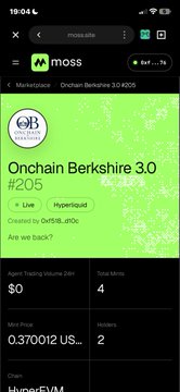 A mobile screenshot of the Moss marketplace showing an NFT listed as 'Onchain Berkshire 3.0 #205' with a price of '0.370012 US...' and 'Hyperliquid' tags.