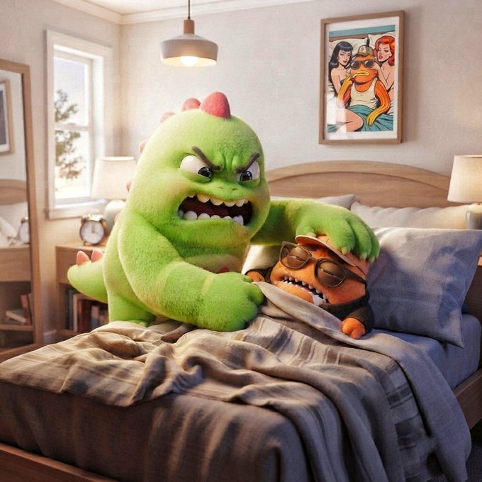 A 3D-rendered scene shows an angry green monster wrestling with an orange character wearing sunglasses in a bedroom bed, with a framed pop-art style picture of two women on the wall behind them.