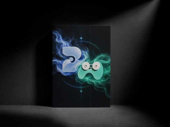A dark, surreal digital artwork featuring a blue comma shape and a green mustache shape connected by a silver chain link, surrounded by swirling blue and green smoke on a black background.