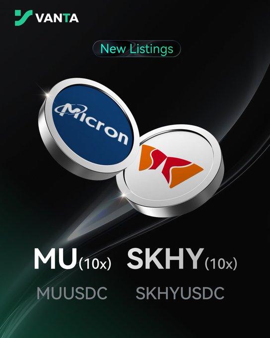 Vanta 'New Listings' graphic featuring Micron (MU) and Sky-Heron (SKHY) tokens, each with 10x leverage (MUUSDC and SKHYUSDC).