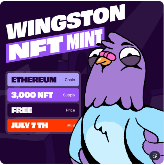 The image is a promotional graphic for "WINGSTON NFT MINT," featuring a cartoon purple bird mascot and key details: an Ethereum chain, 3,000 NFT supply, free price, and a July 7th mint date. It supports the post's sentiment by showcasing an NFT project offering free, open minting without a whitelist process—aligning with the frustration about exclusive allowlist barriers that typically shut out everyday collectors.