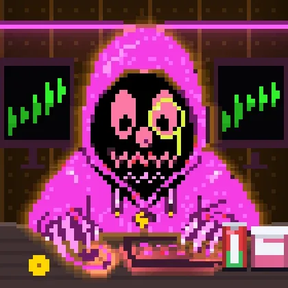 A pixel art image of a skeletal figure in a pink hooded robe sitting at a trading desk, with two monitors displaying green upward-trending charts and a red candle icon on the table.