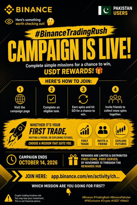 A Binance campaign graphic announces that "#BinanceTradingRush CAMPAIGN IS LIVE!" for Pakistan Users, offering USDT rewards through simple missions like a first trade, inviting a friend, or exploring futures. The infographic details four steps to join—visiting the page, completing an eligible task, earning spins, and inviting friends—with the campaign ending October 14, 2026.
