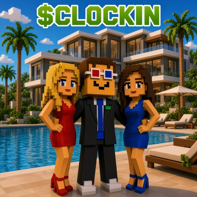 A Minecraft-style illustration shows a pixelated man in a suit and 3D glasses flanked by two women in red and blue dresses, standing poolside at a luxury modern mansion with the green "$CLOCKIN" text displayed prominently above. The image visually promotes the $CLOCKIN token by portraying a wealthy, success-oriented lifestyle that aligns with the post's hype about its upcoming launch and market cap speculation.