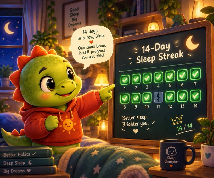 A green dinosaur character named Dino, wearing a red hoodie, celebrates a 14-Day Sleep Streak shown on a chalkboard. A speech bubble reads, '14 days in a row, Dino! One small break is still progress. You got this!' and the board displays 'Better sleep. Brighter you.' with a 'Sleep Champion' mug nearby.