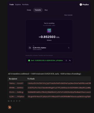A screenshot of a Phantom wallet swap confirmation showing the transfer of approximately 0.8525 SOL to the address "62LMKiEdgbqc...xFAdpkr," with a humorous caption asking for "4 PayBox with a side of MoonPaid and a large diet coke."