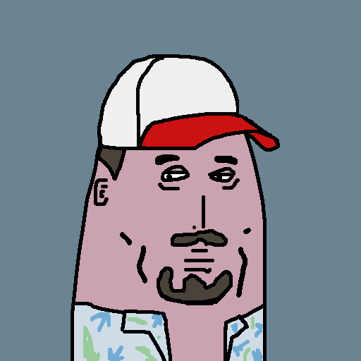 A cartoon illustration of a pink-skinned man wearing a red and white baseball cap with a serious expression against a blue background.
