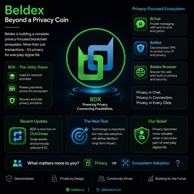 A promotional infographic for 'Beldex - Beyond a Privacy Coin' featuring BDX token information, a privacy-focused ecosystem including BChat, BelNet VPN, and Beldex Browser.