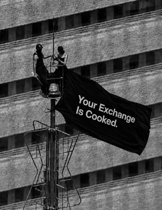 Two activists perched atop a tower unfurl a large black banner reading "Your Exchange Is Cooked." against a city building backdrop, visually reinforcing OKX's message urging European users to abandon their current exchange and switch to OKX for an 8% deposit bonus.