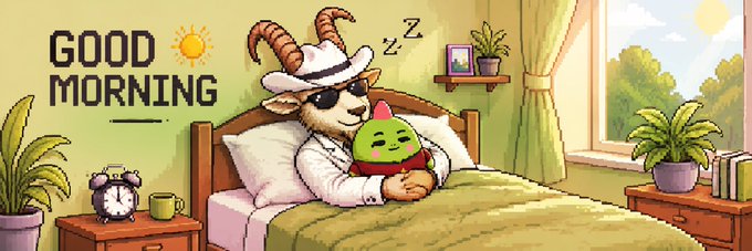 A pixel-art goat character in pajamas and sunglasses cuddles a green blob creature in bed while still sleeping, with pixel text reading "GOOD MORNING" and a sun icon on the wall, visually capturing the groggy, sleep-deprived mood that the post uses to promote Sleepagotchi's token-rewarded sleep tracking.