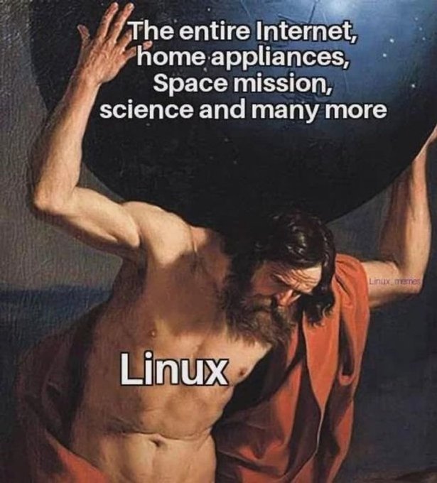 A classical painting-style meme depicting Atlas holding up a sphere labeled with various technologies, labeled 'Linux' to represent the operating system bearing the weight of modern tech.